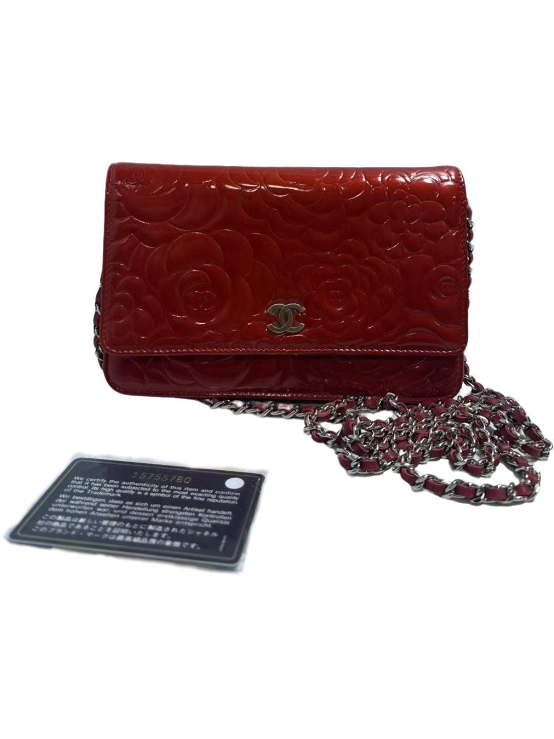 Chanel Camellia Red Patent Leather Wallet on Chain (WOC)