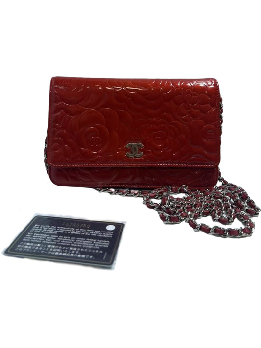 Chanel Camellia Red Patent Leather Wallet on Chain (WOC)
