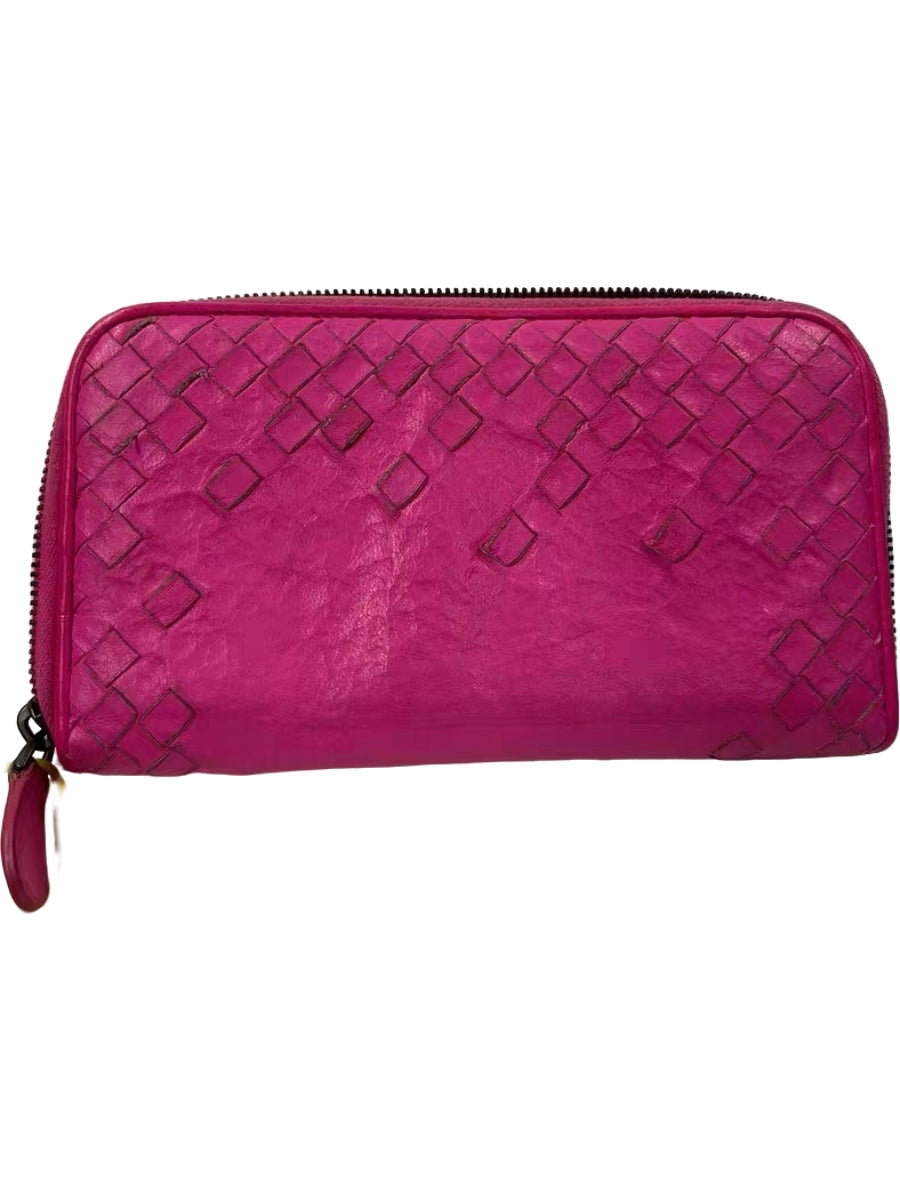 Bottega Veneta Intrecciato Hot Pink Leather Zip Around Wallet