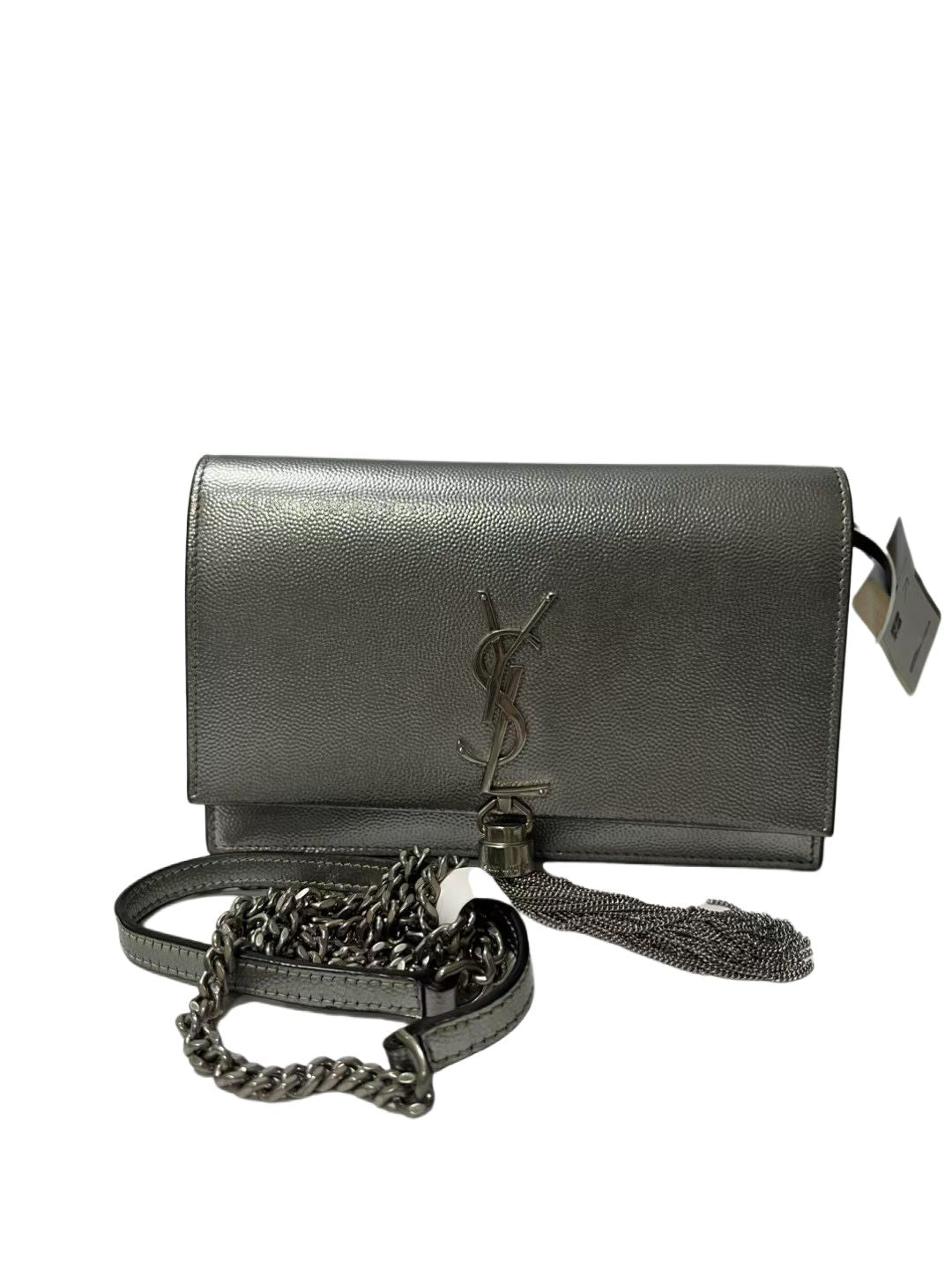 YSL Saint Laurent Kate Medium Silver Metallic Leather Tassel Chain Crossbody Bag