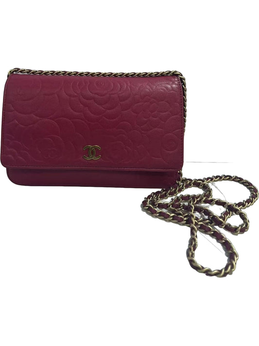 Chanel Camellia Embossed Fuchsia Leather Wallet on Chain (WOC)