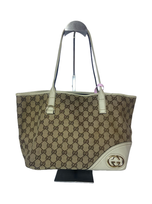 Gucci GG Monogram Canvas Tote Bag with Beige Leather Trim