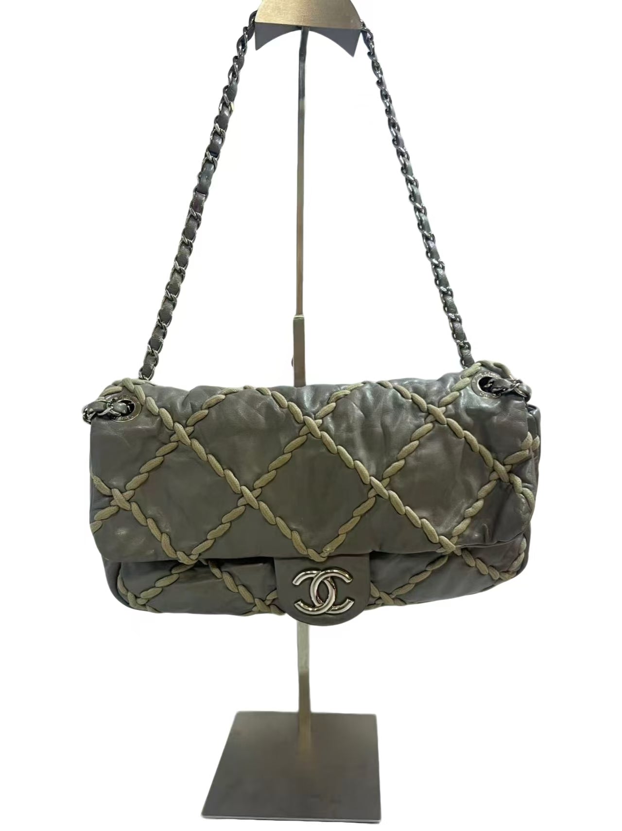 Chanel Gray Leather On-Stitch Medium Flap Bag