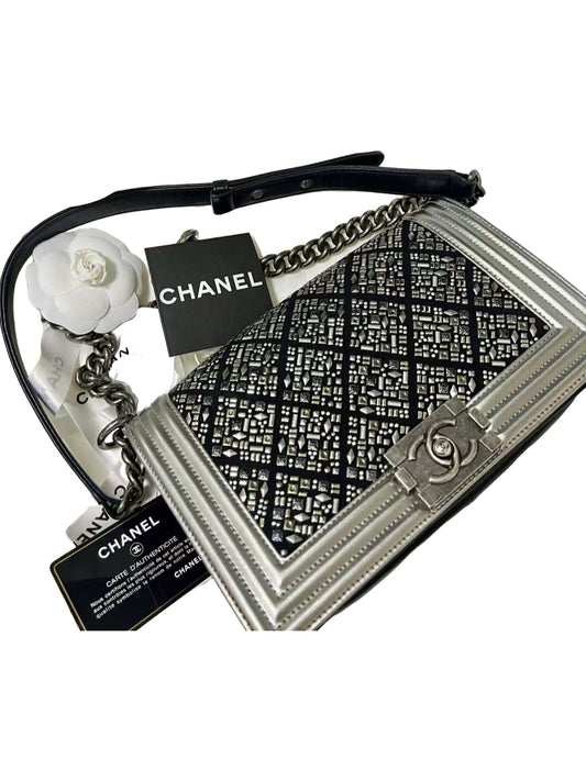 Chanel Boy Medium Black with Silver Studded Embellishments Bag