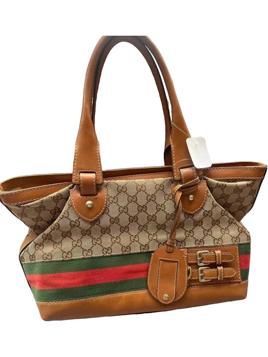 Gucci GG Monogram Web Beige Canvas / Brown Leather Tote Bag