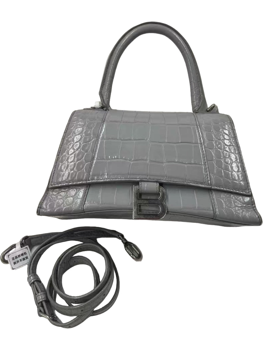 Balenciaga Hourglass Small Top Handle Bag Grey Crocodile Embossed Leather
