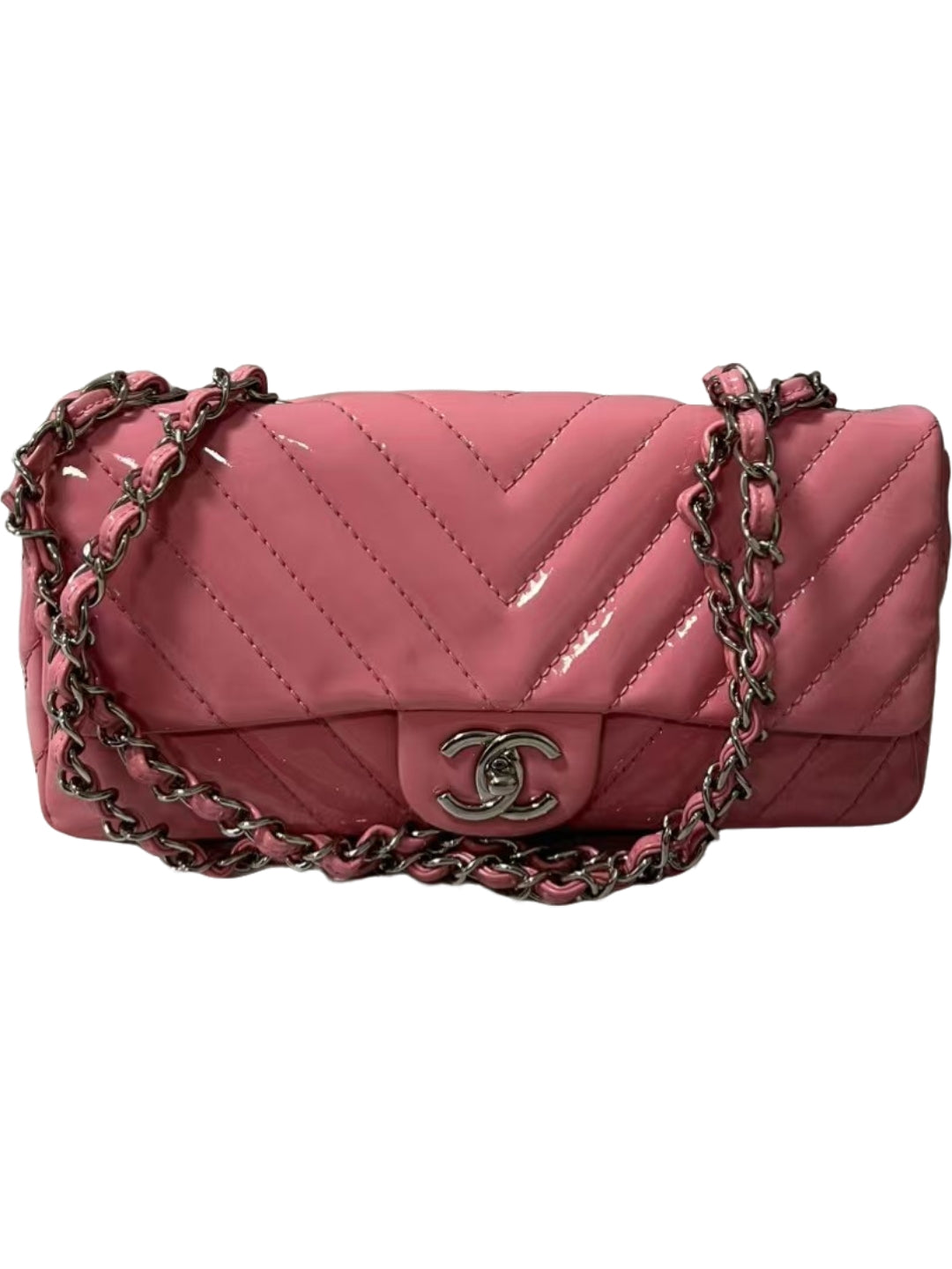 Chanel Classic Flap Mini Rectangular Pink Chevron Patent Leather Shoulder Bag