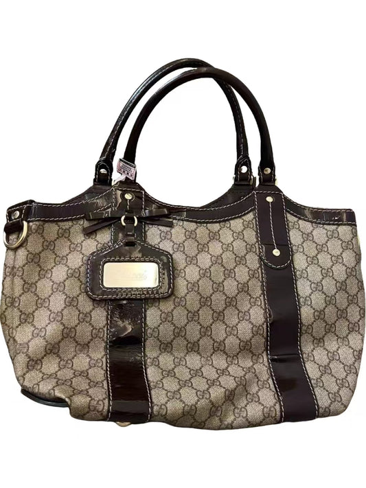 Gucci GG Supreme Ribbon Beige Canvas & Brown Leather Tote Bag