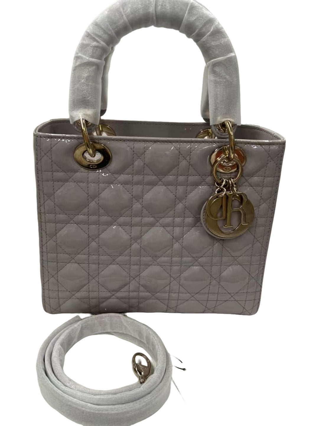 Christian Dior Lady Dior Small Light Grey Patent Leather Bag