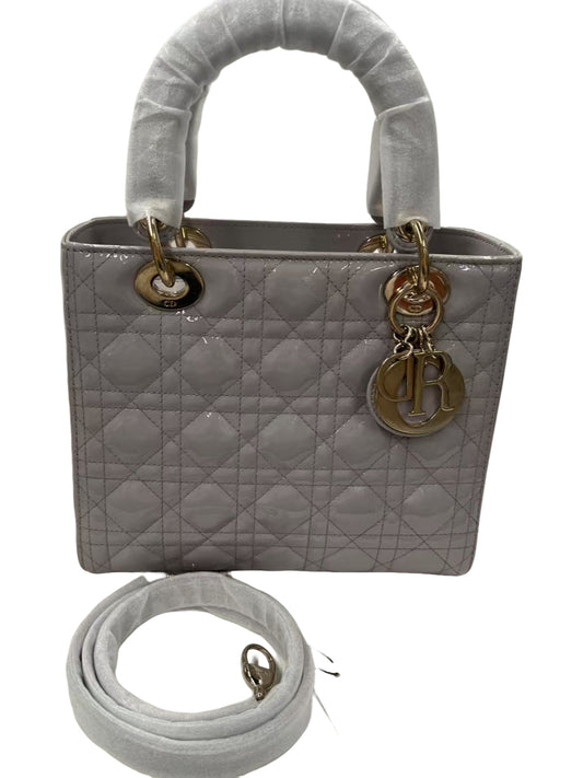 Christian Dior Lady Dior Small Light Grey Patent Leather Bag