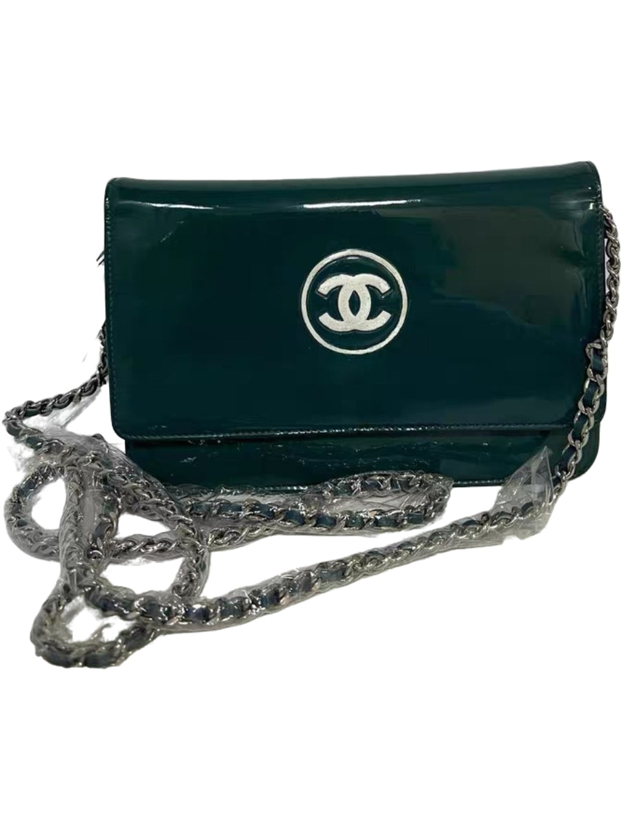 Chanel Green Patent Leather Interlocking CC Logo Wallet on Chain (WOC)